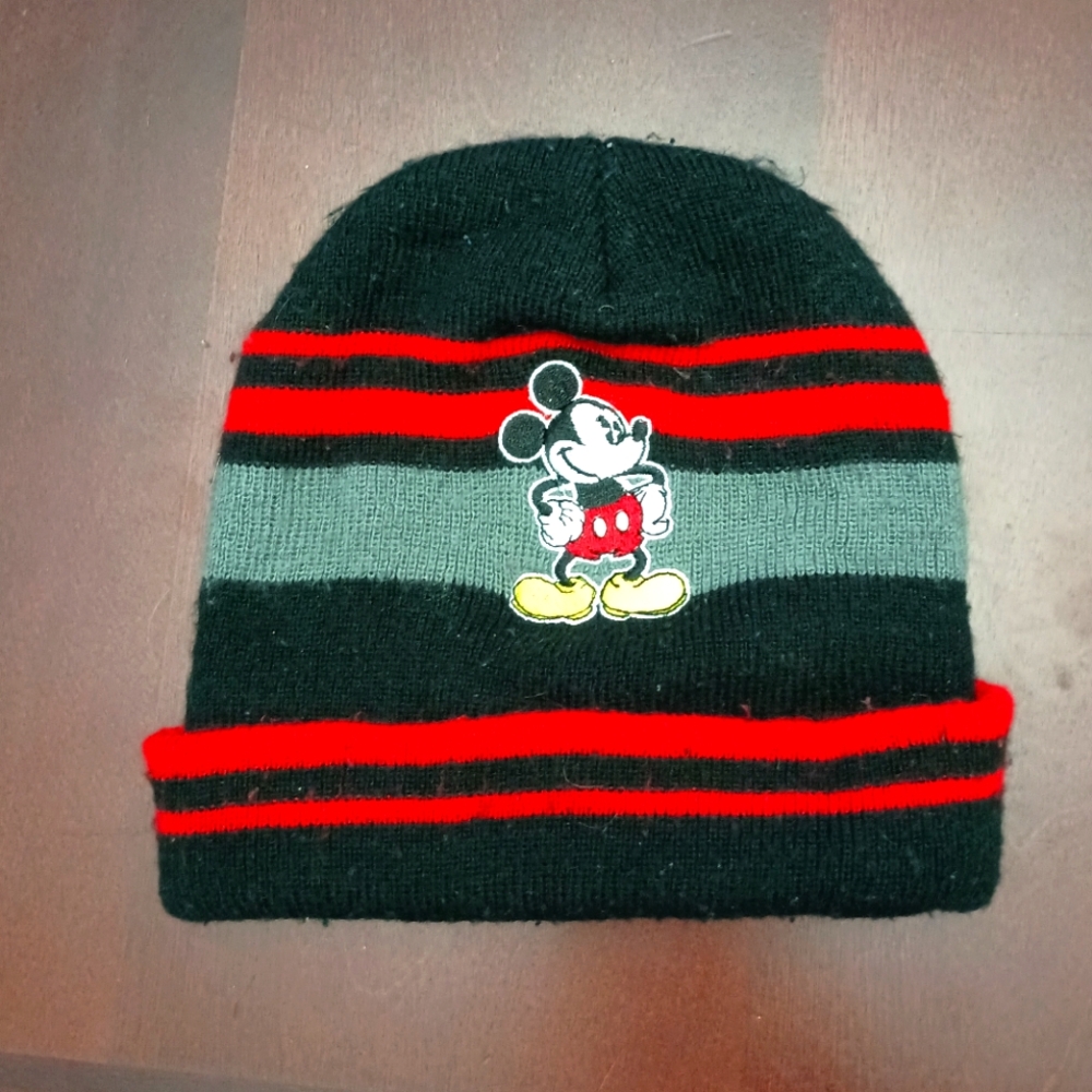 3/$10 🌟 Disney Mickey Mouse Black Red Striped Kids Winter Hat OSFM